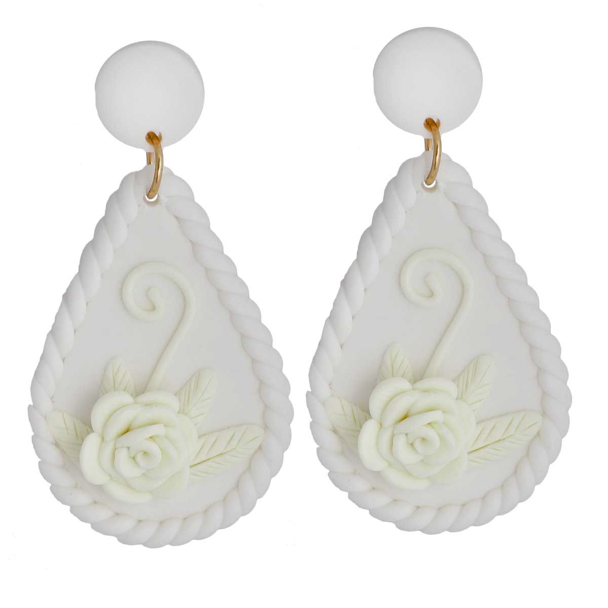 Bridal Earrings White Ivory Clay Teardrop Flower Stylish Statement Jewelry