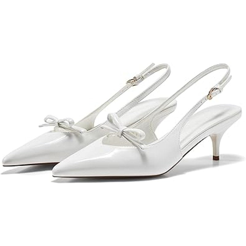 Coutgo Womens Size 8.5 White Bow Slingback 2" Kitten Heels Pointed Toe Shoes