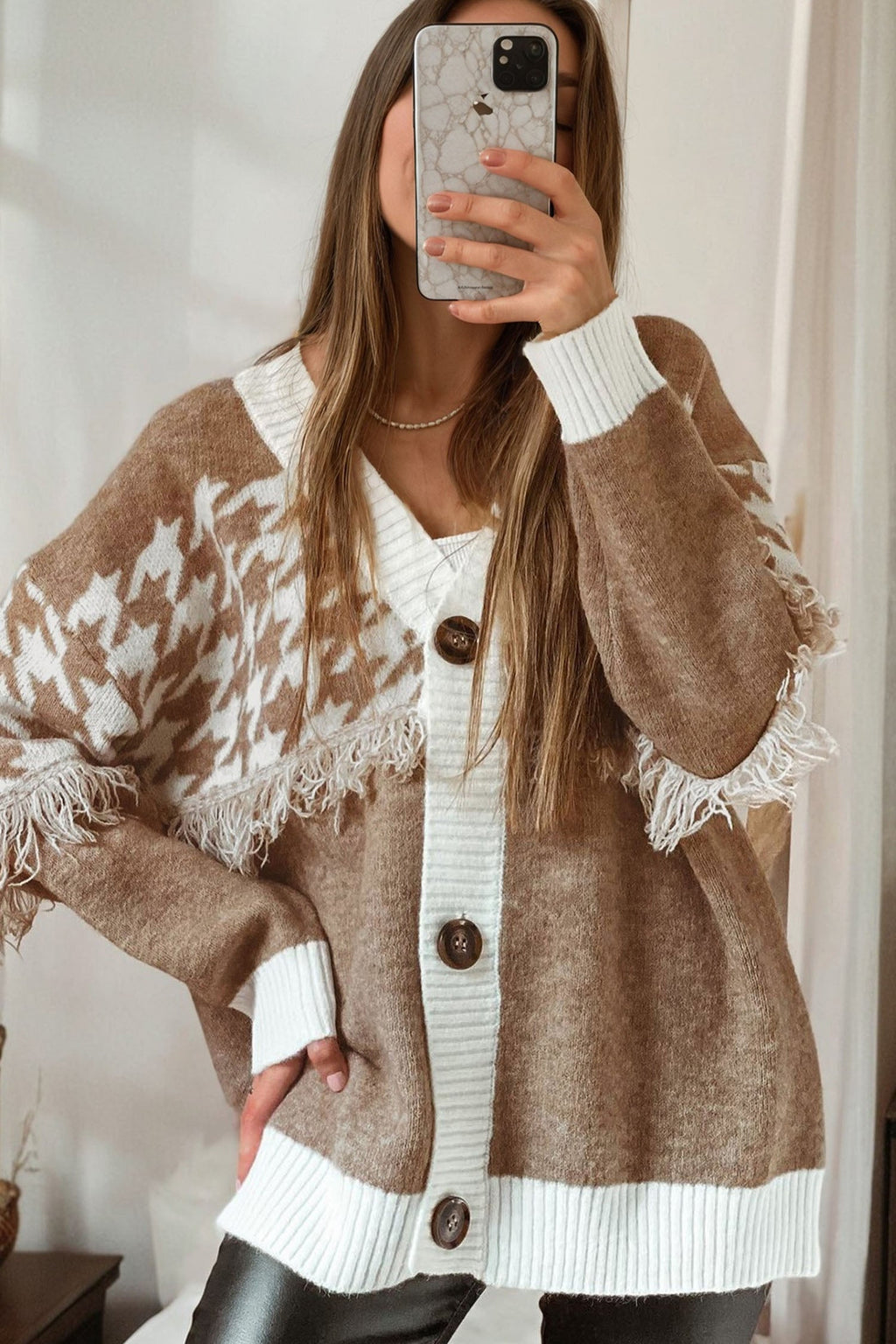 Khaki Houndstooth Color Block V Neck Raw Edge Button Front Cardigan