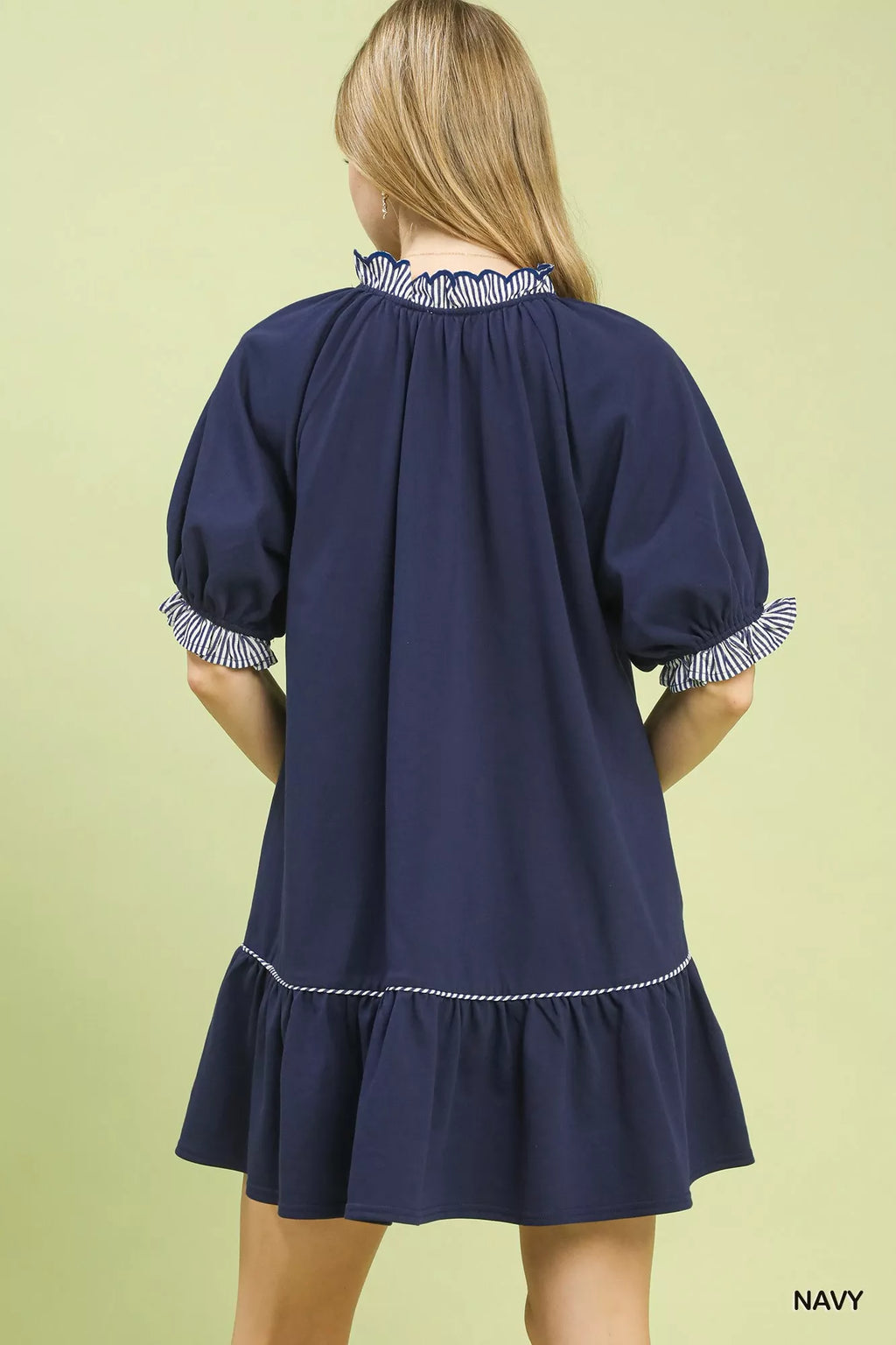 French Terry Mini Dress with Ruffled Striped Trim