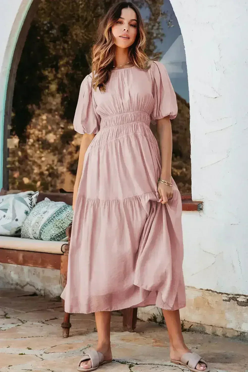 Light Blue Puff Sleeve High Waist Flowy Midi Dress