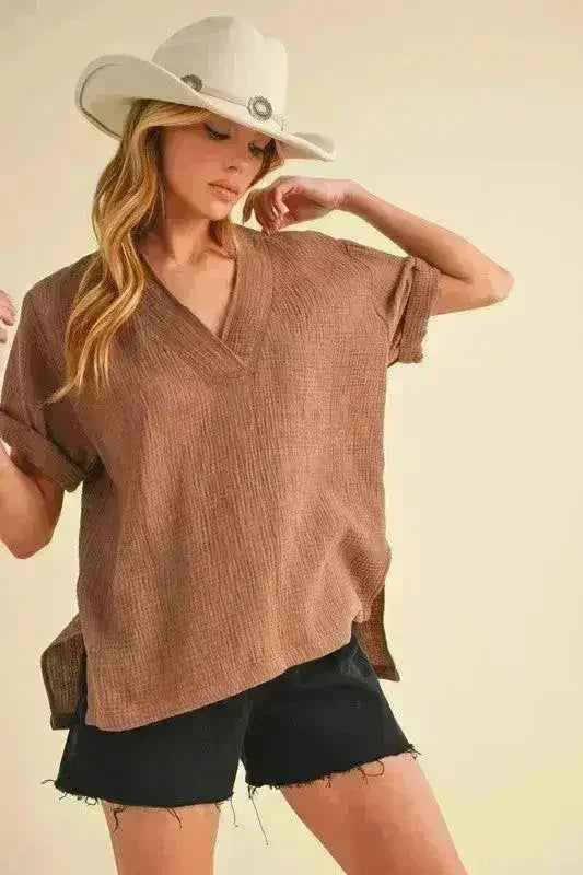 Aemi + Co Side Slit V-Neck Short Sleeve Blouse | Femstylo