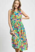 Ruffled Hem Printed Sleeveless Midi Dress
