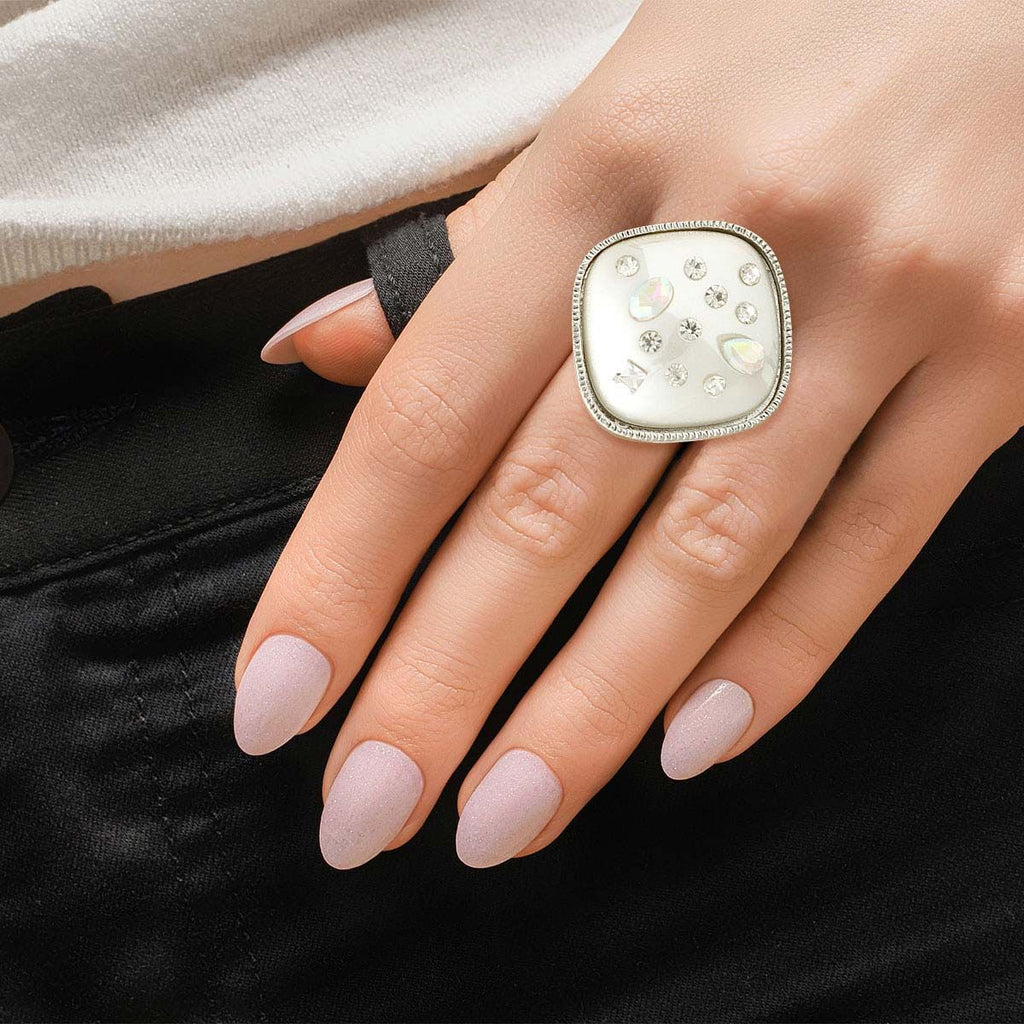 Statement Square Ring with Silver White Pearl, Stylish Fashion Jewelry