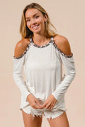 Jersey Knit Cold Shoulder Top with Leopard Neck