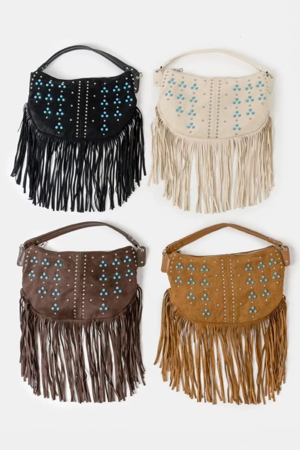Studded Pattern Multi Fringe Hobo Shoulder Bag