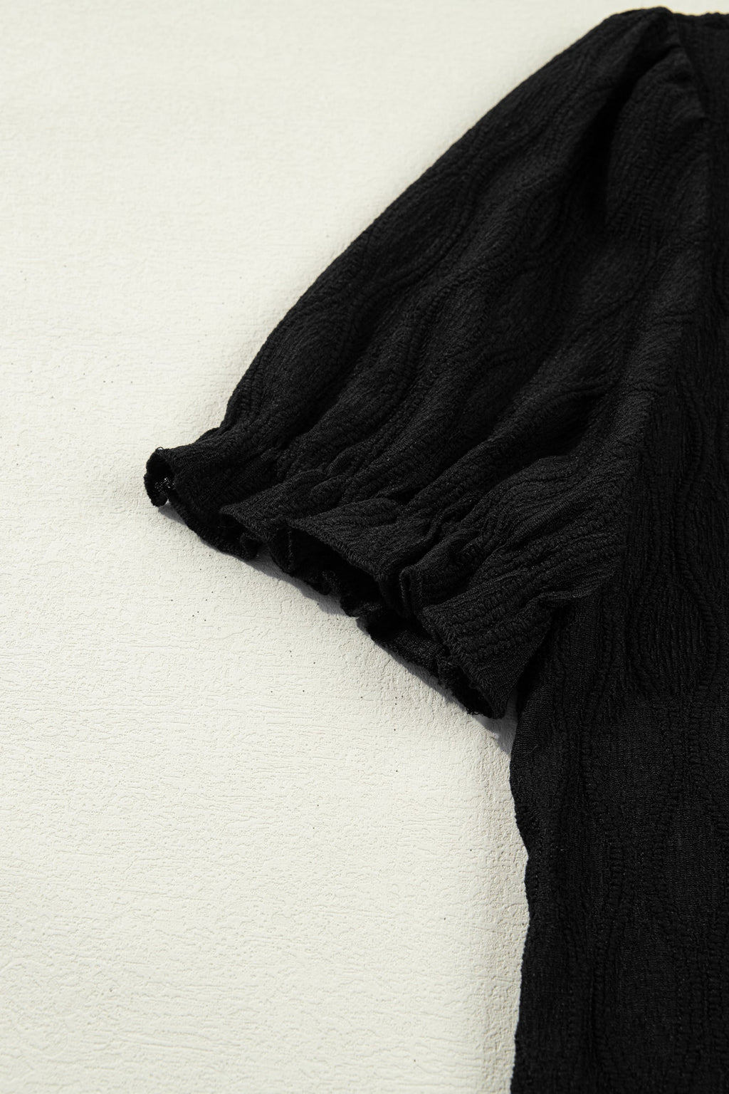 Black Solid Color Textured Notched Neck Puff Sleeve Blouse