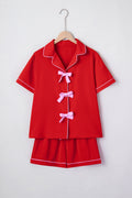 Fiery Red Contrast Trim Ribbon Bow Short Silky 2pcs Pajama Set