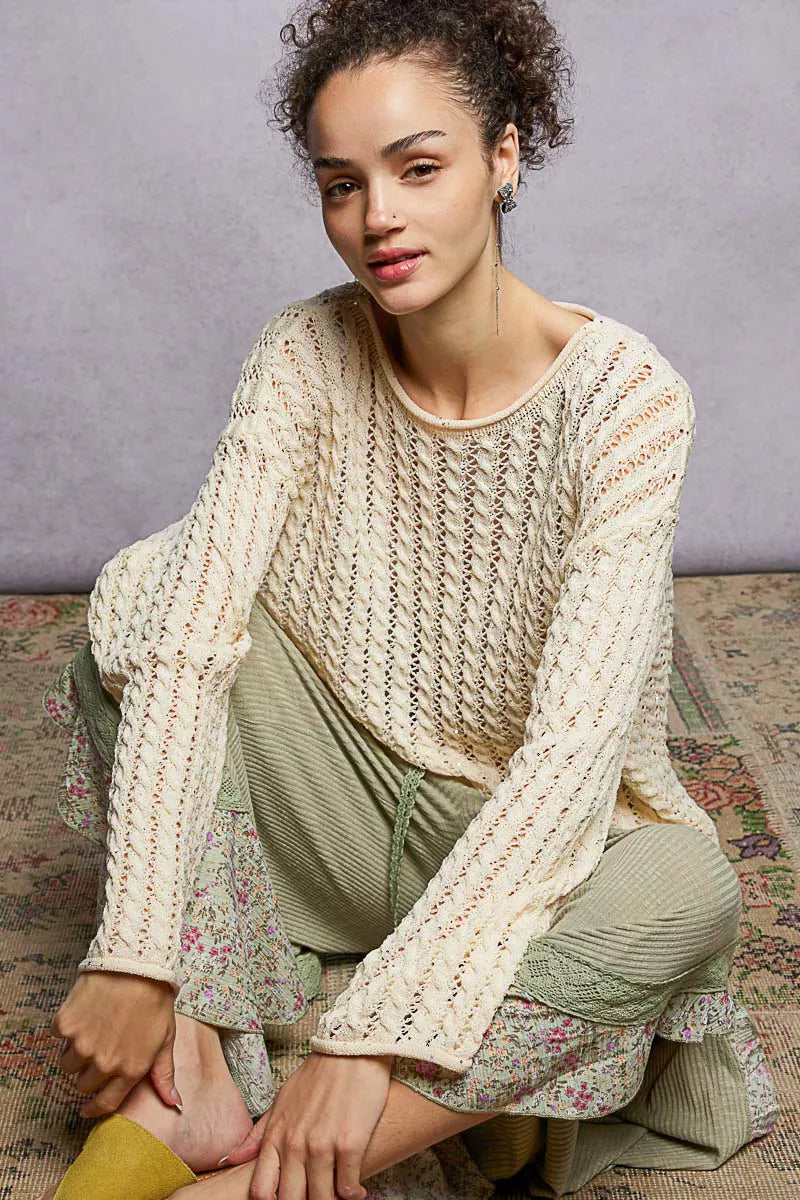 Openwork Round Neck Knit Top with Shiny Detail