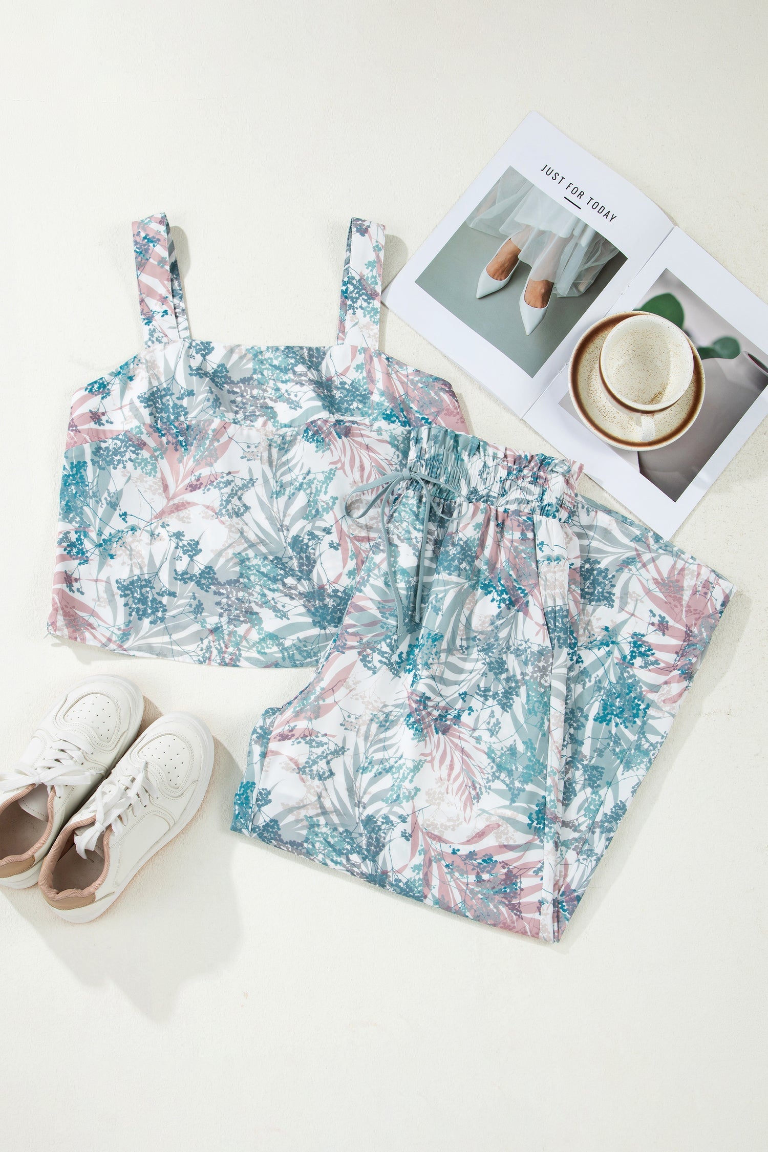 Green Tropical Palm Printed Cropped Tank Drawstring Wide Leg Pant Set