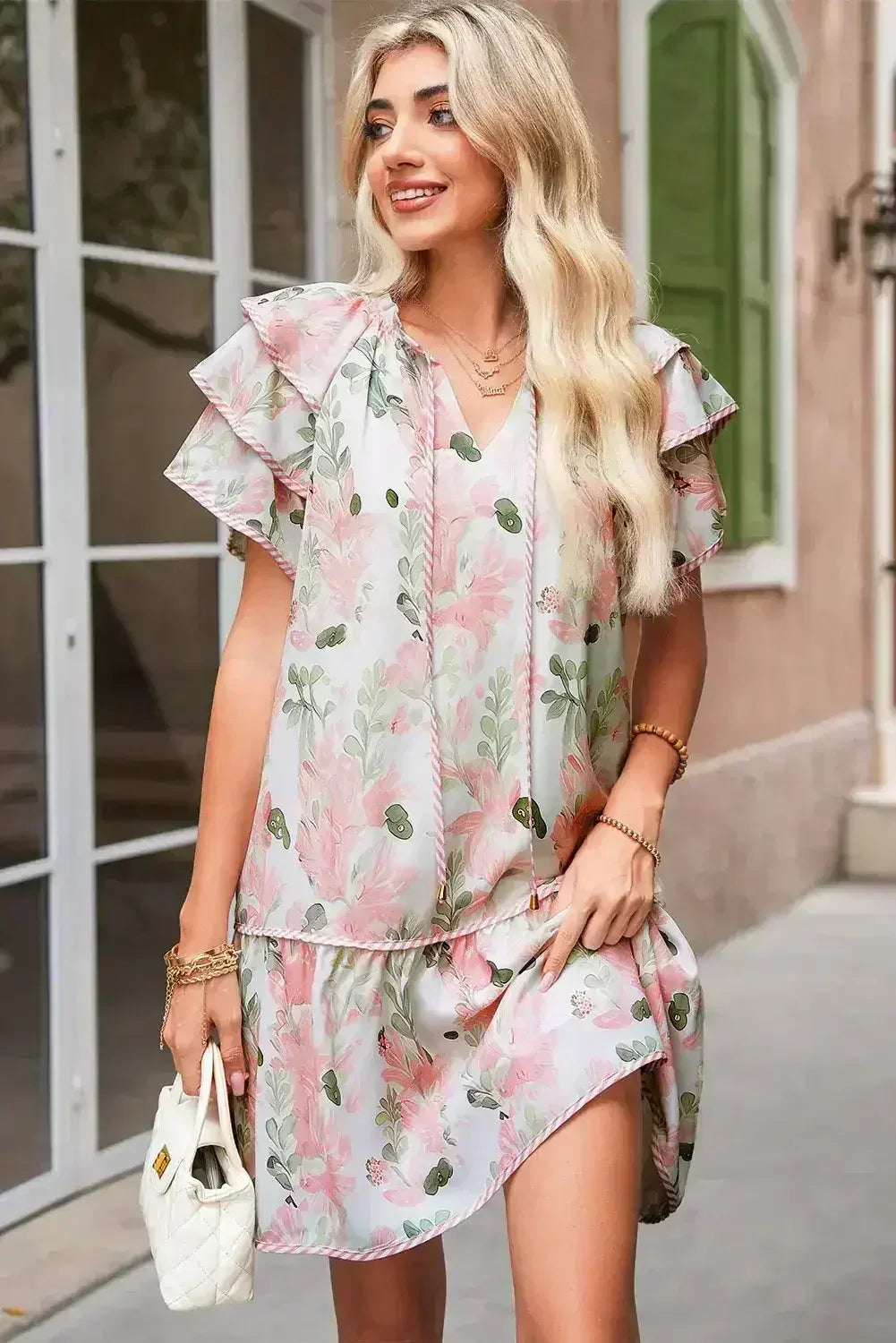 Sky Blue Floral Contrast Edge Ruffle Sleeve Tie Neck Mini Dress