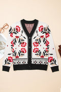 Beige Floral Print Buttoned Front V Neck Knit Cardigan