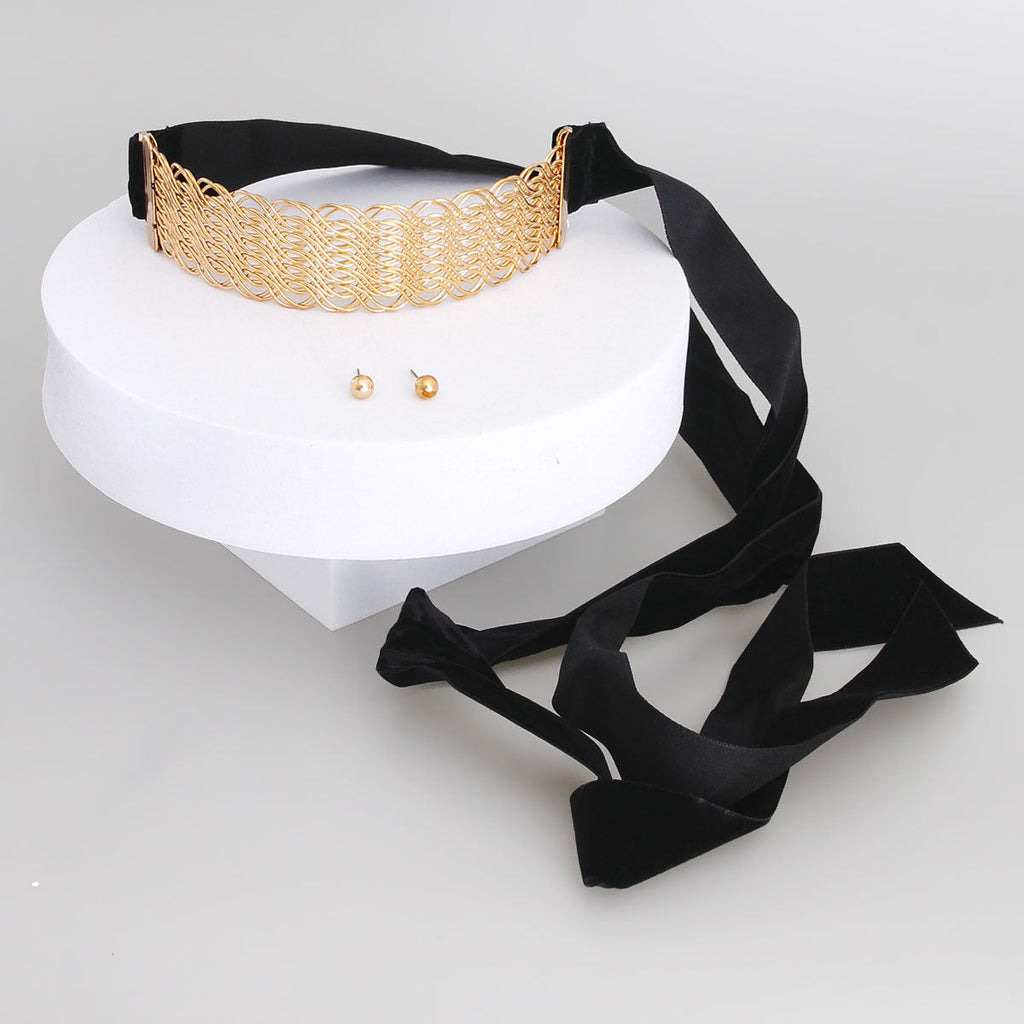 Choker Necklace Set Woven Gold Velvet Stylish Statement Jewelry