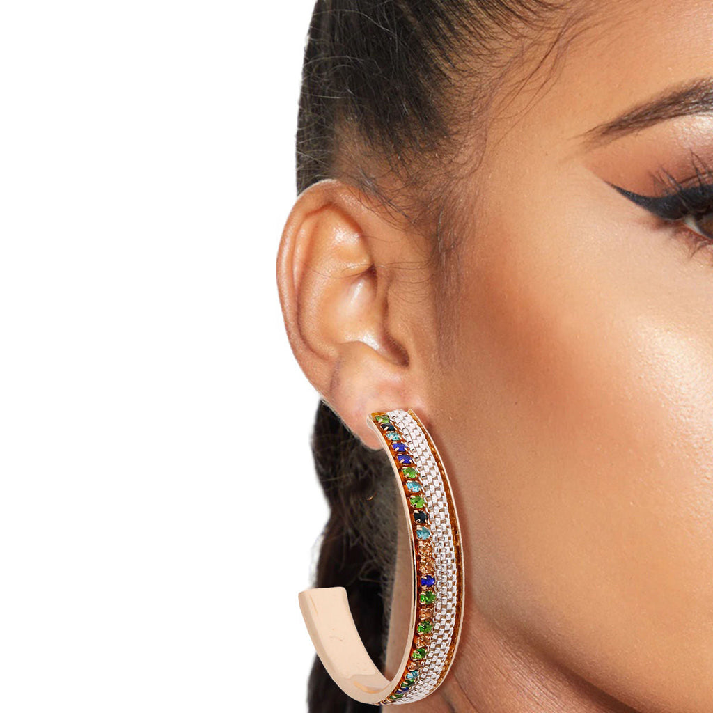 Statement Gold Metal Chain Stone Hoop Earrings Stylish Chic Jewelry