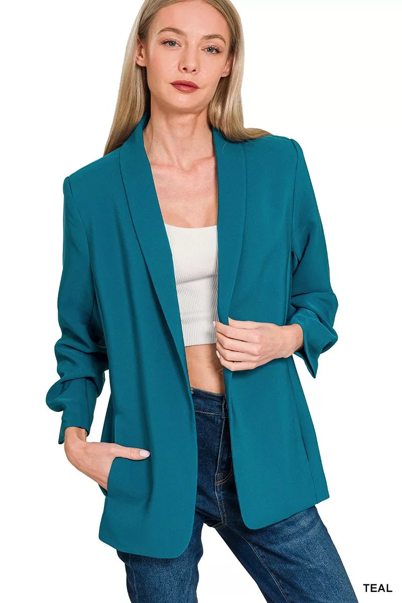 Woven 3/4 Ruched Sleeve Open Front Classic Blazer