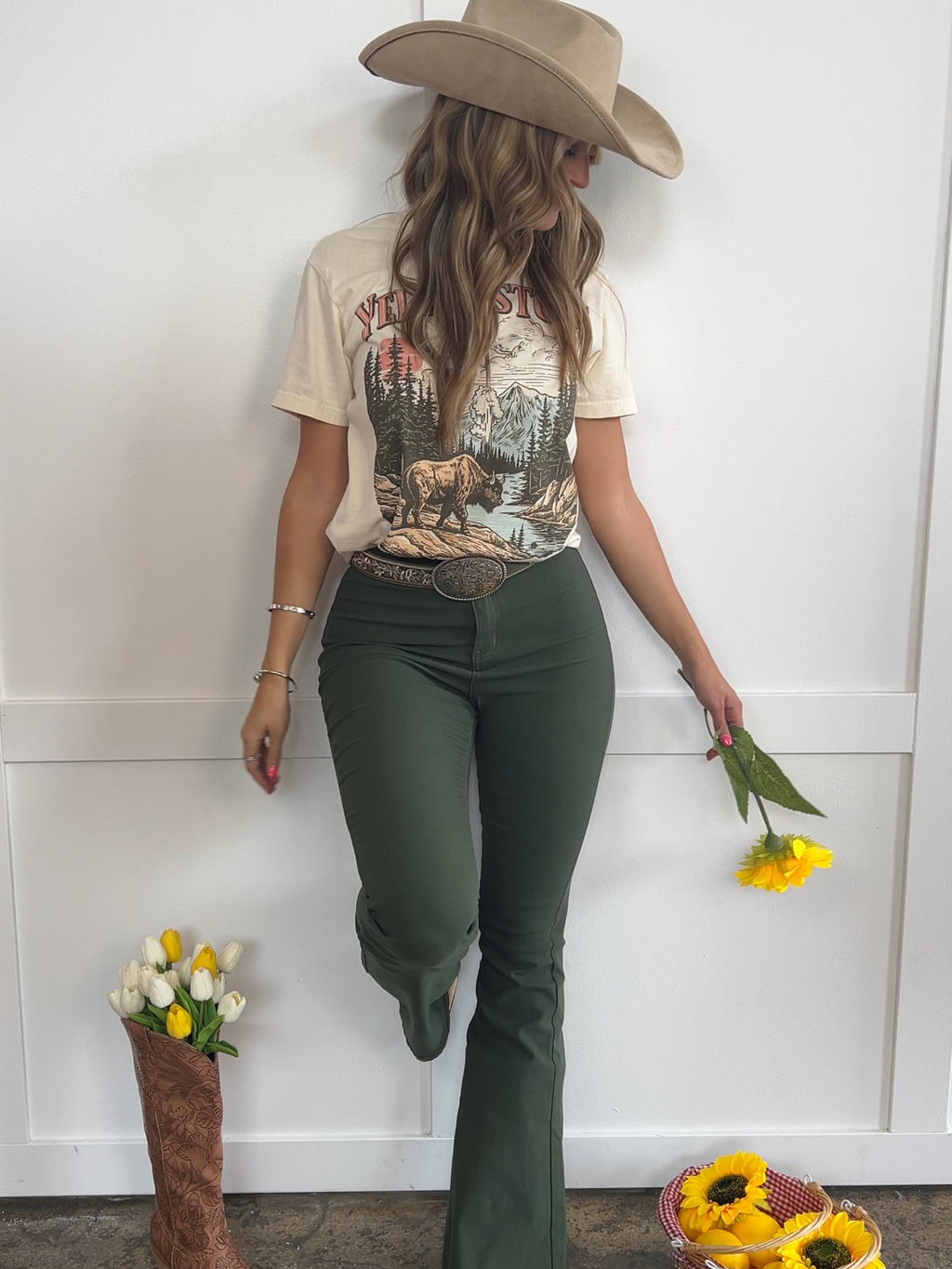 Fiona High Waisted Bell Bottom Flare Jeans - Olive