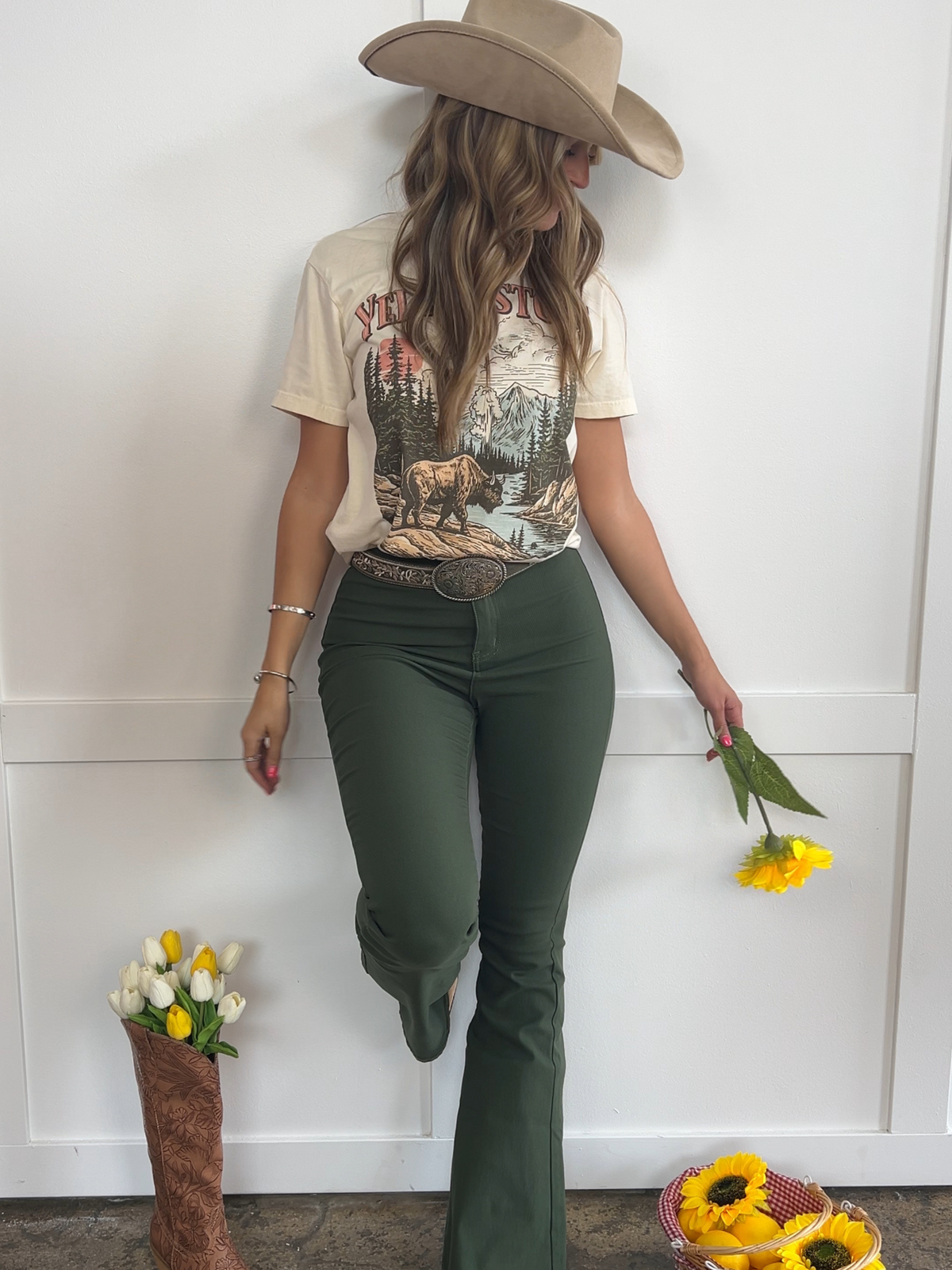Fiona High Waisted Bell Bottom Flare Jeans - Olive