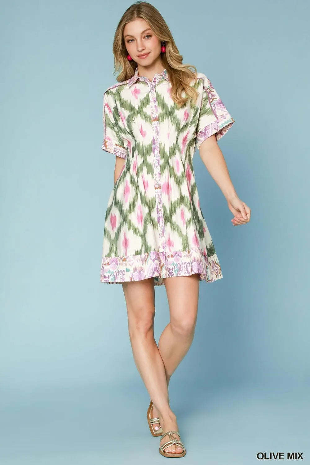 Ethnic Print Short Sleeve Mini Shirt Dress