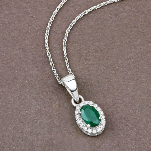 0.81 Carat Genuine Zambian Emerald and White Diamond 14K White Gold Pendant
