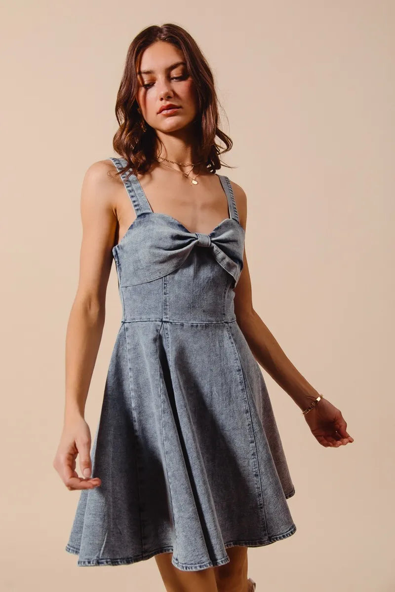 Mineral Washed Bow Ribbon Denim Flare Dress