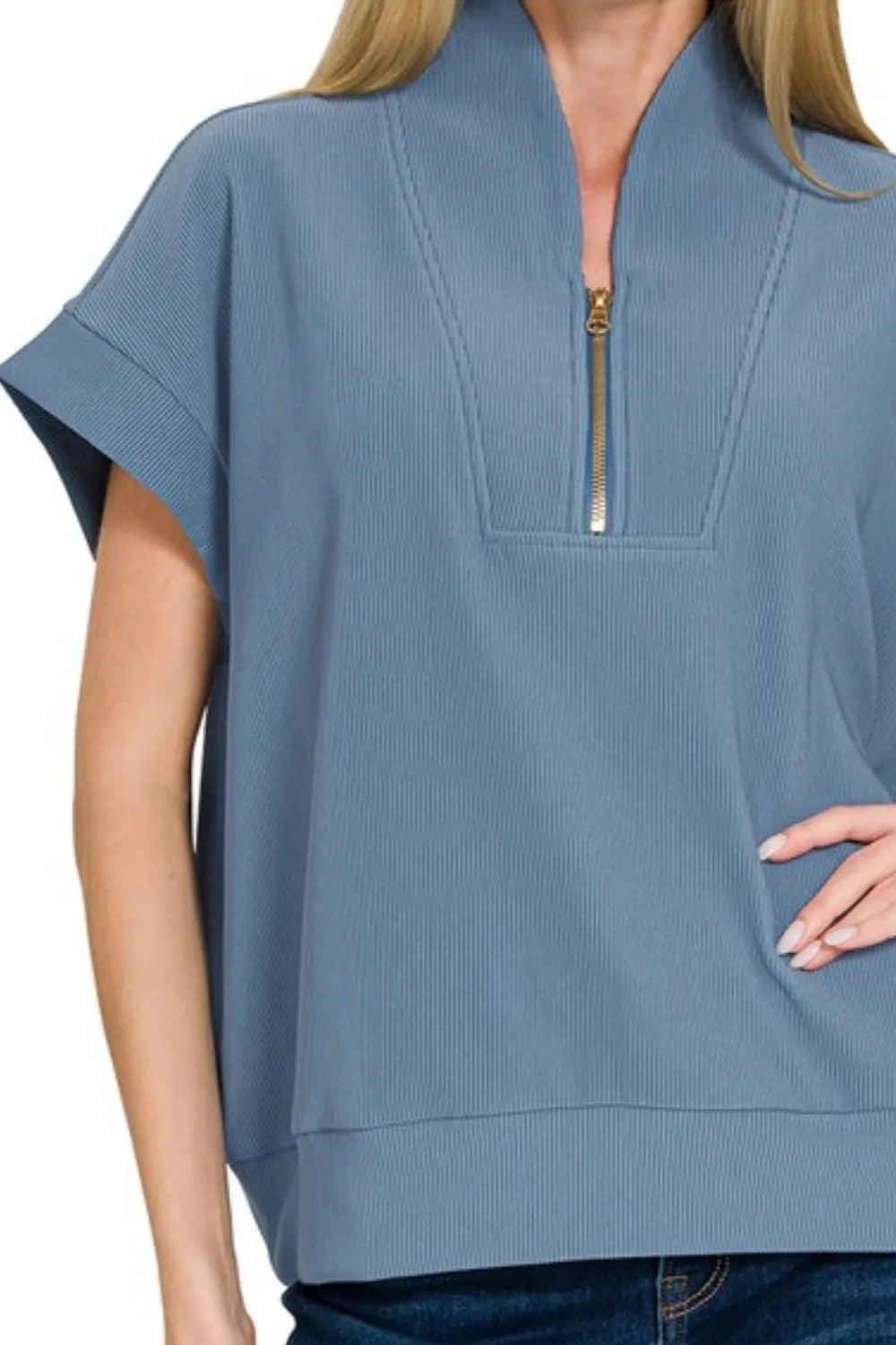 Ribbed High Neck Half Zip Top