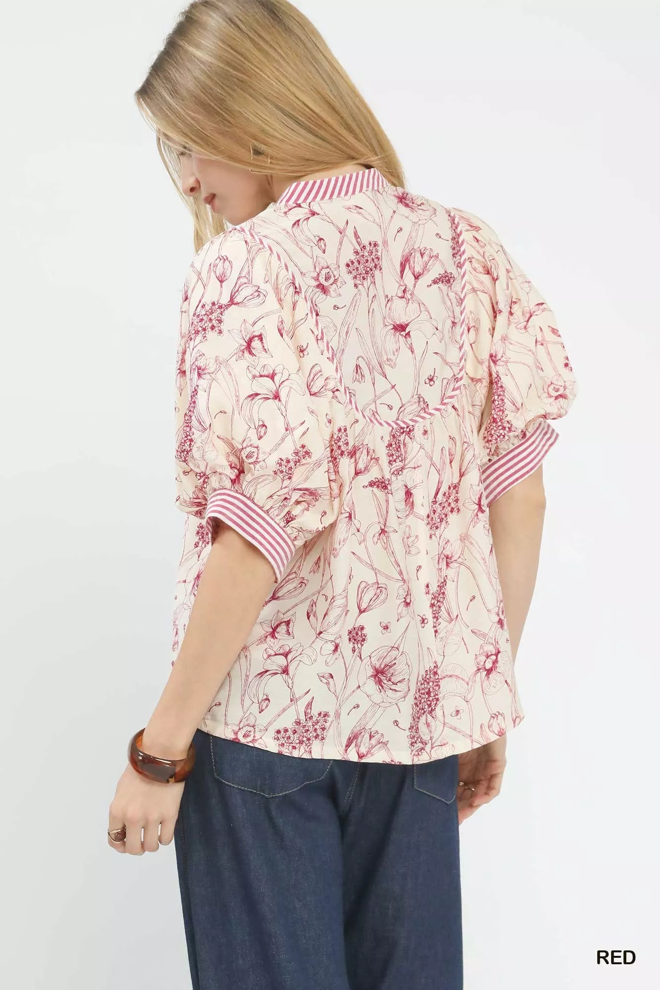 Mixed Print Puff Sleeve Split Neck Top