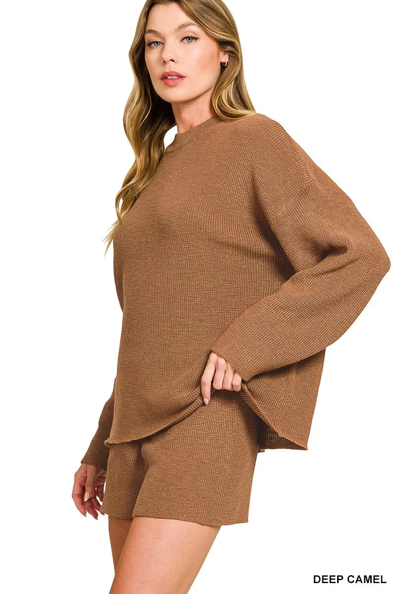 Round Neck Knit Top and Shorts Sweater Set