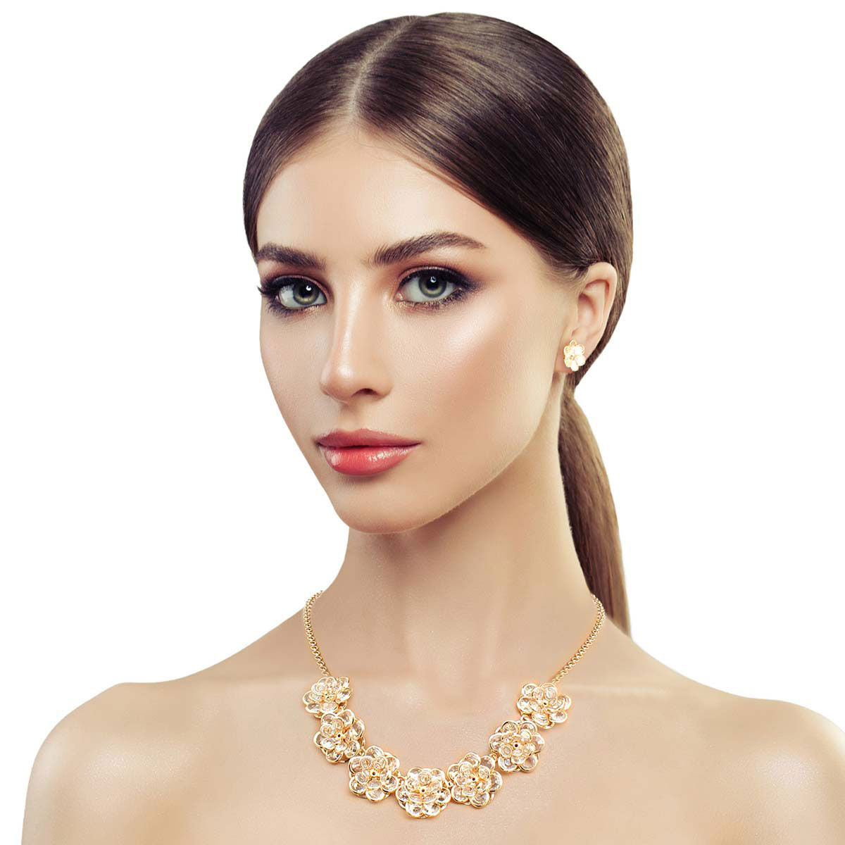 3D Flower Collar Set Gold Glass Statement Necklace Chic Jewelry Accessory