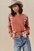 Checkered Plaid Tape Lace Up Ribbed Sweater