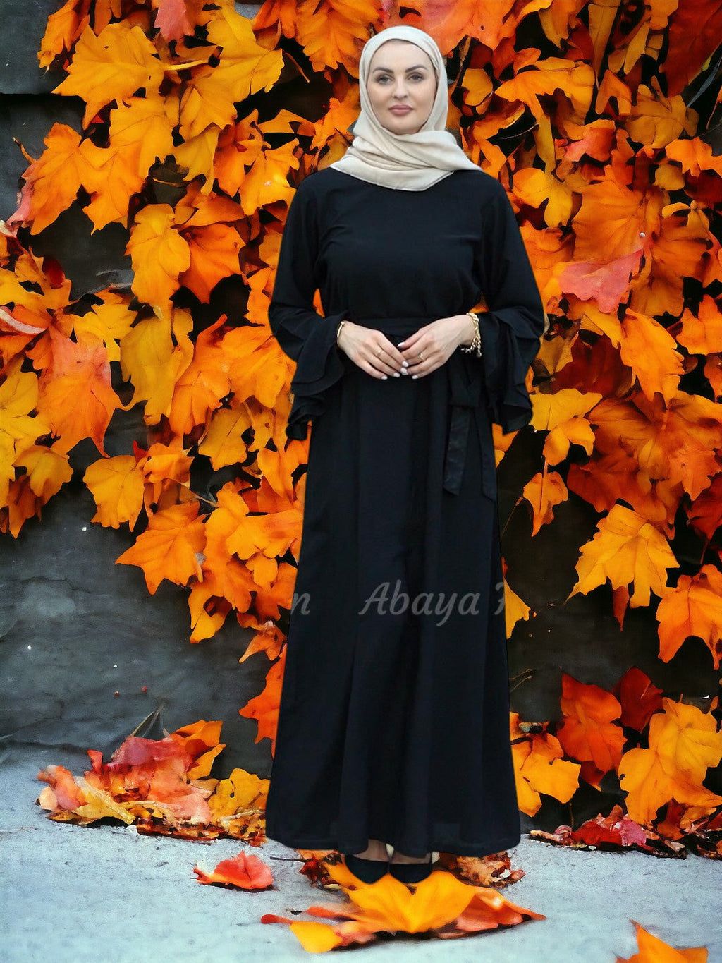 Abaya with layer Sleeve attached Belt on front