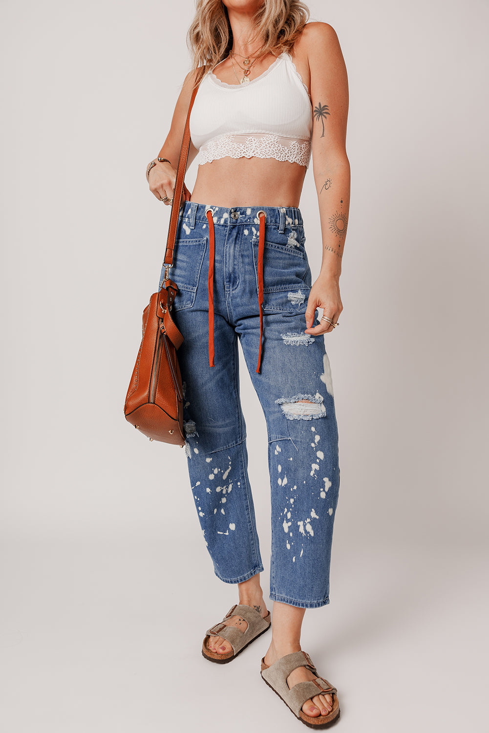Ripped Splattering Paint Rope Waist Cropped Straight Jeans