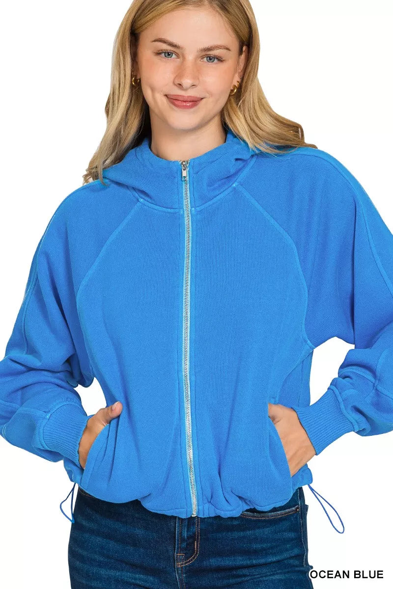Fleece Pigment Dye Zip Up Hoodie with Pockets