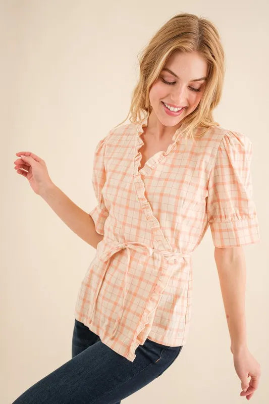 Plaid Patterned and Ruffled Wrap Blouse Top