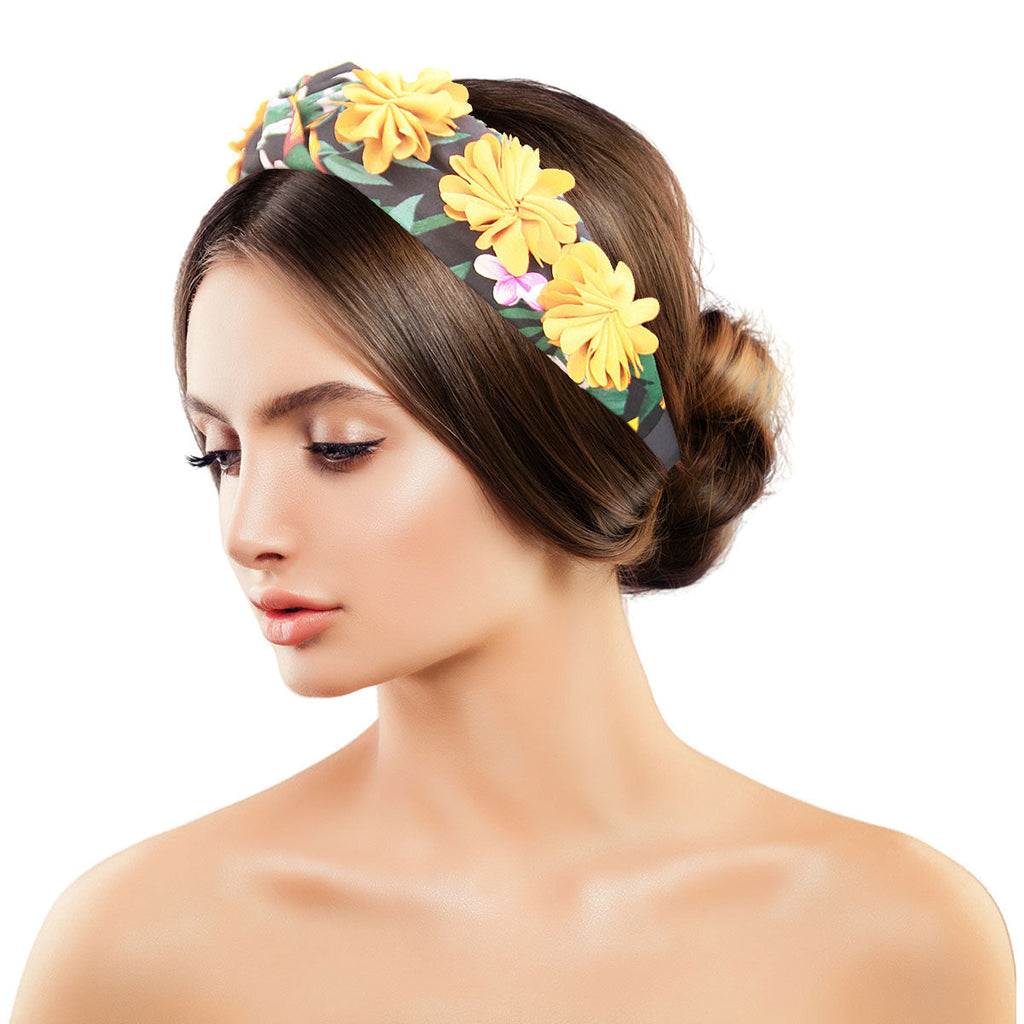 Fashion Headband with Mustard Flower Accent, Stylish White Accessory