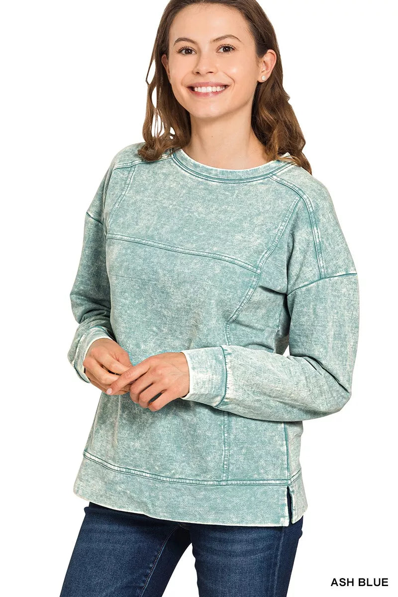 Acid Wash French Terry Exposed-Seam Pullover