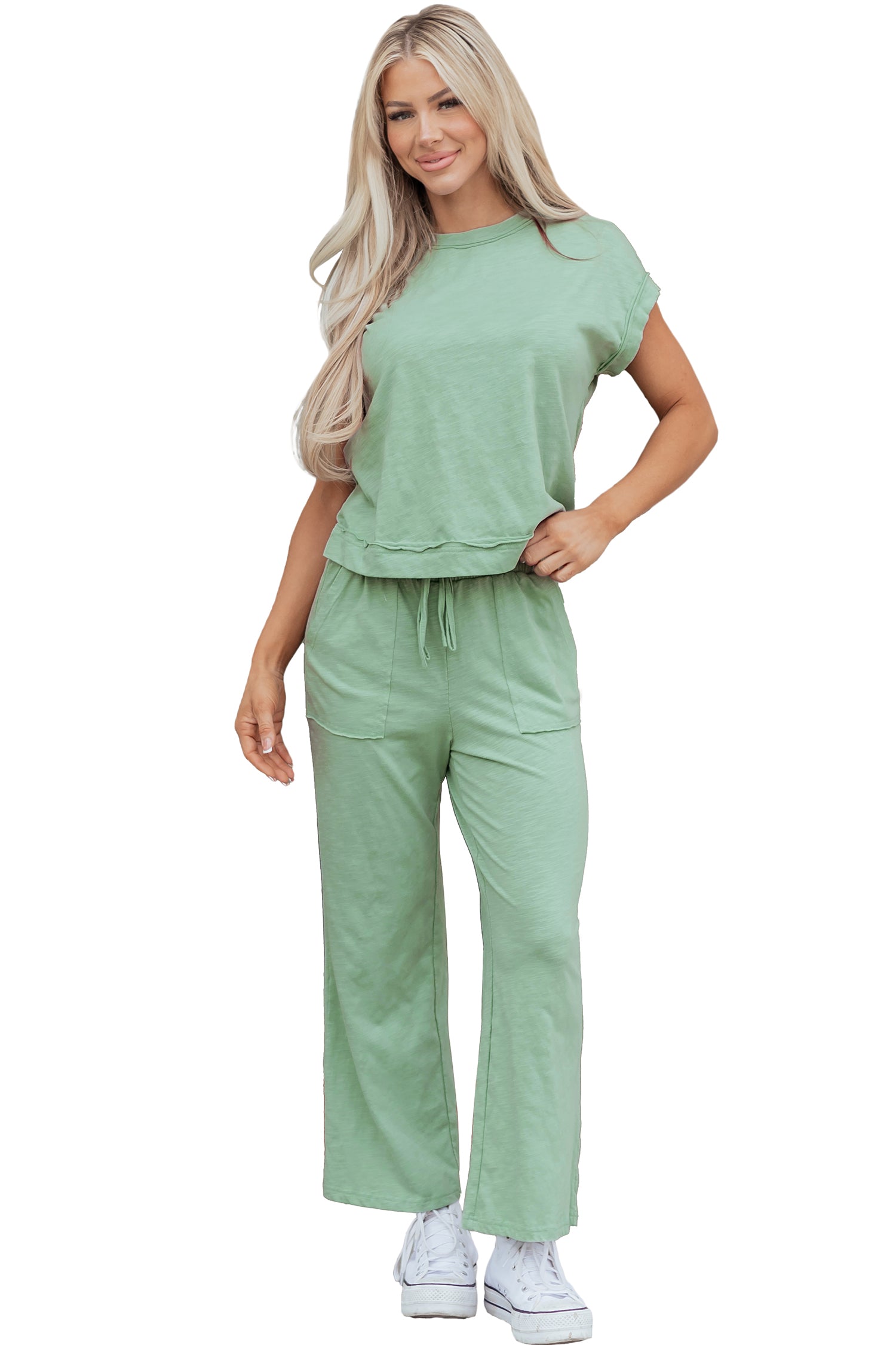 Canton Cuffed Short Sleeve Tee Raw Seam Patch Pocket Drawstring Pants Set
