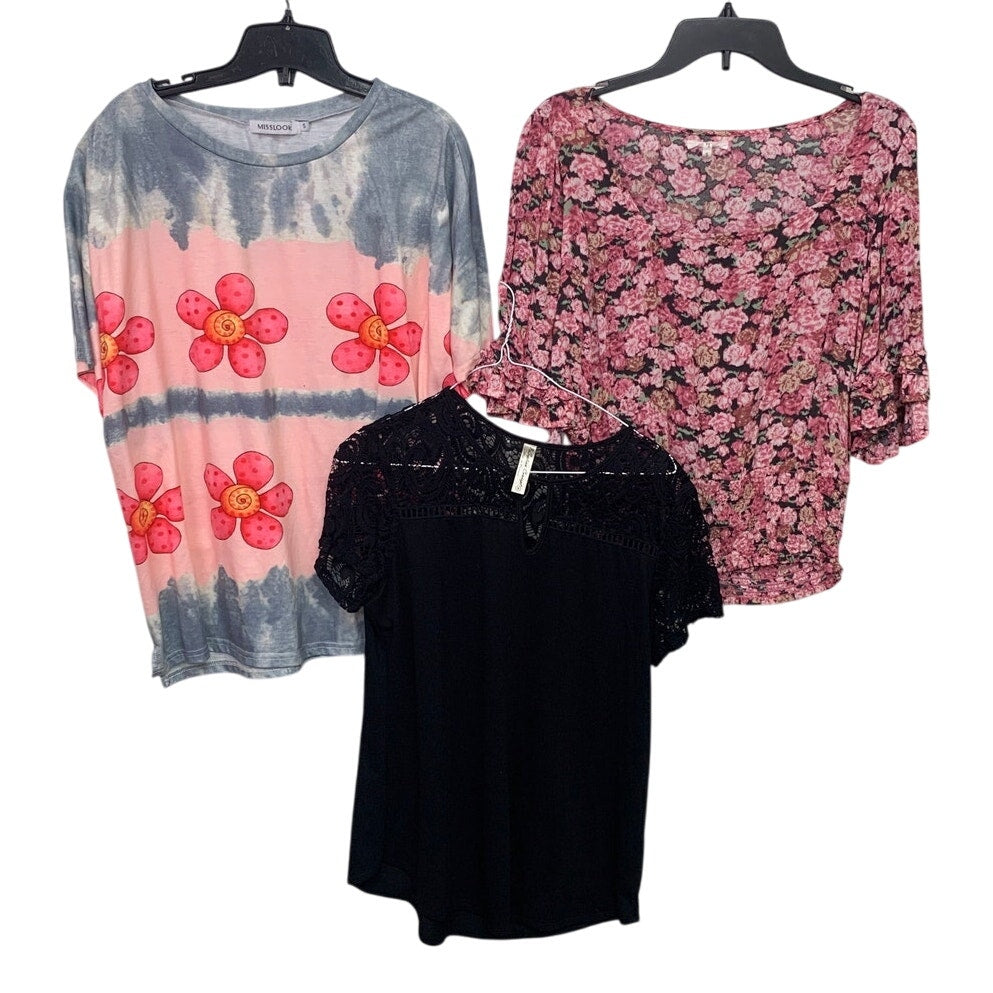 Lot of 3 Misslook Maurices Womens Small Short Sleeve Floral Stripe V Neck Shirts