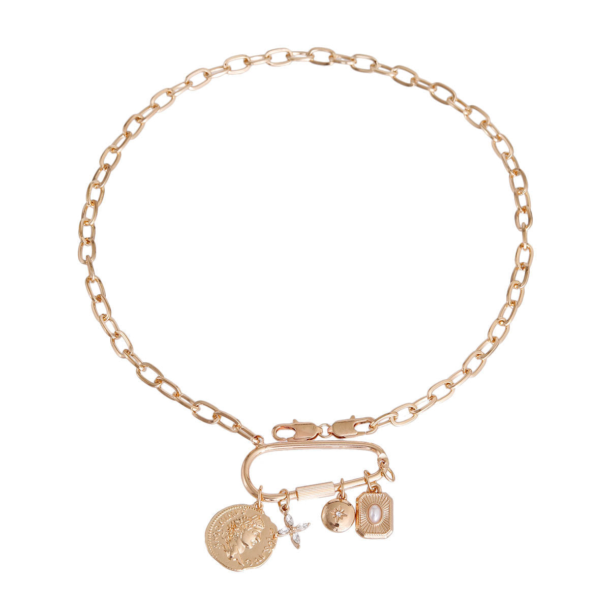 Carabiner Chain with Gold Coin Pendant Stylish Jewelry Accessory