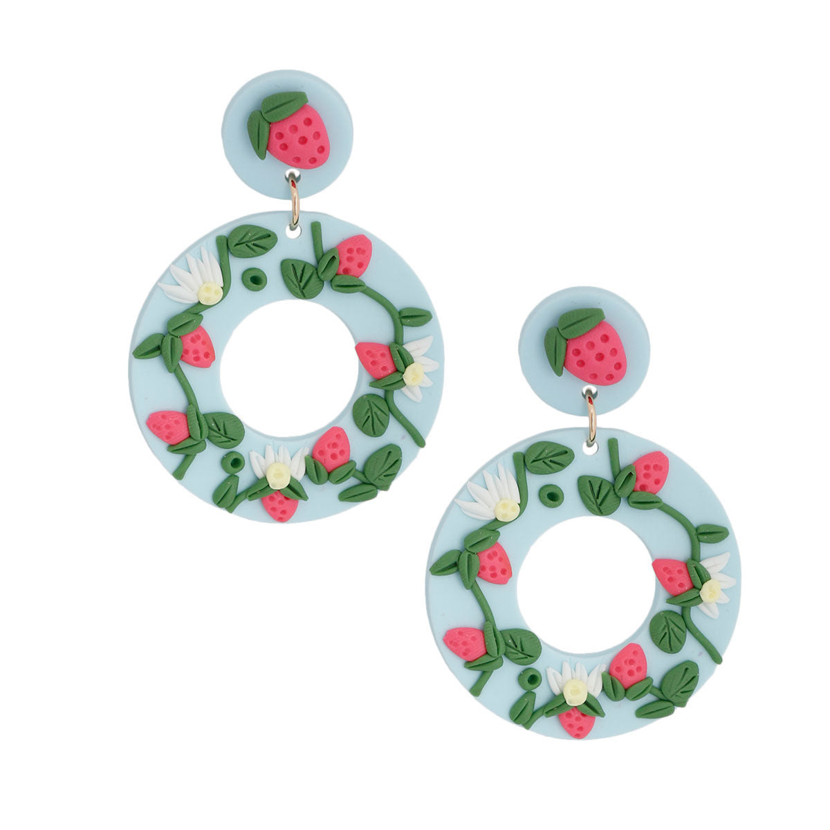Strawberry Donut Statement Earrings in Light Blue Clay – Trendy Fashion Jewelry