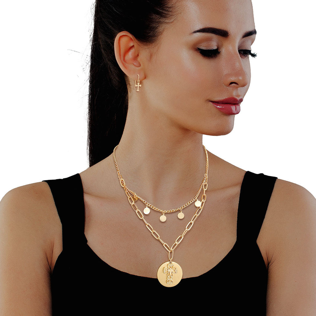 Layered Gold Cross Charm Necklace Stylish Statement Jewelry