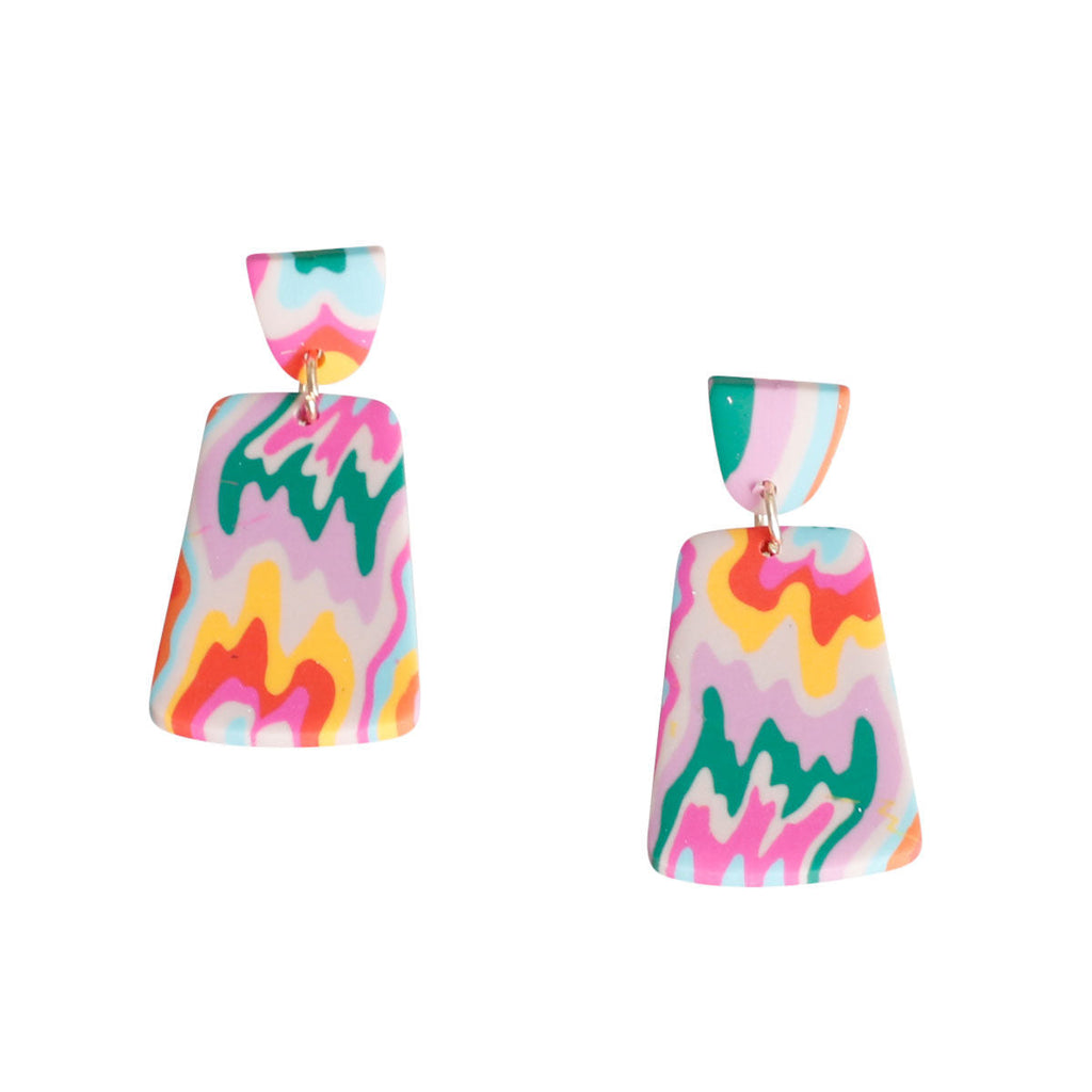 Trendy Rainbow Marbled Clay Trapezoid Statement Earrings