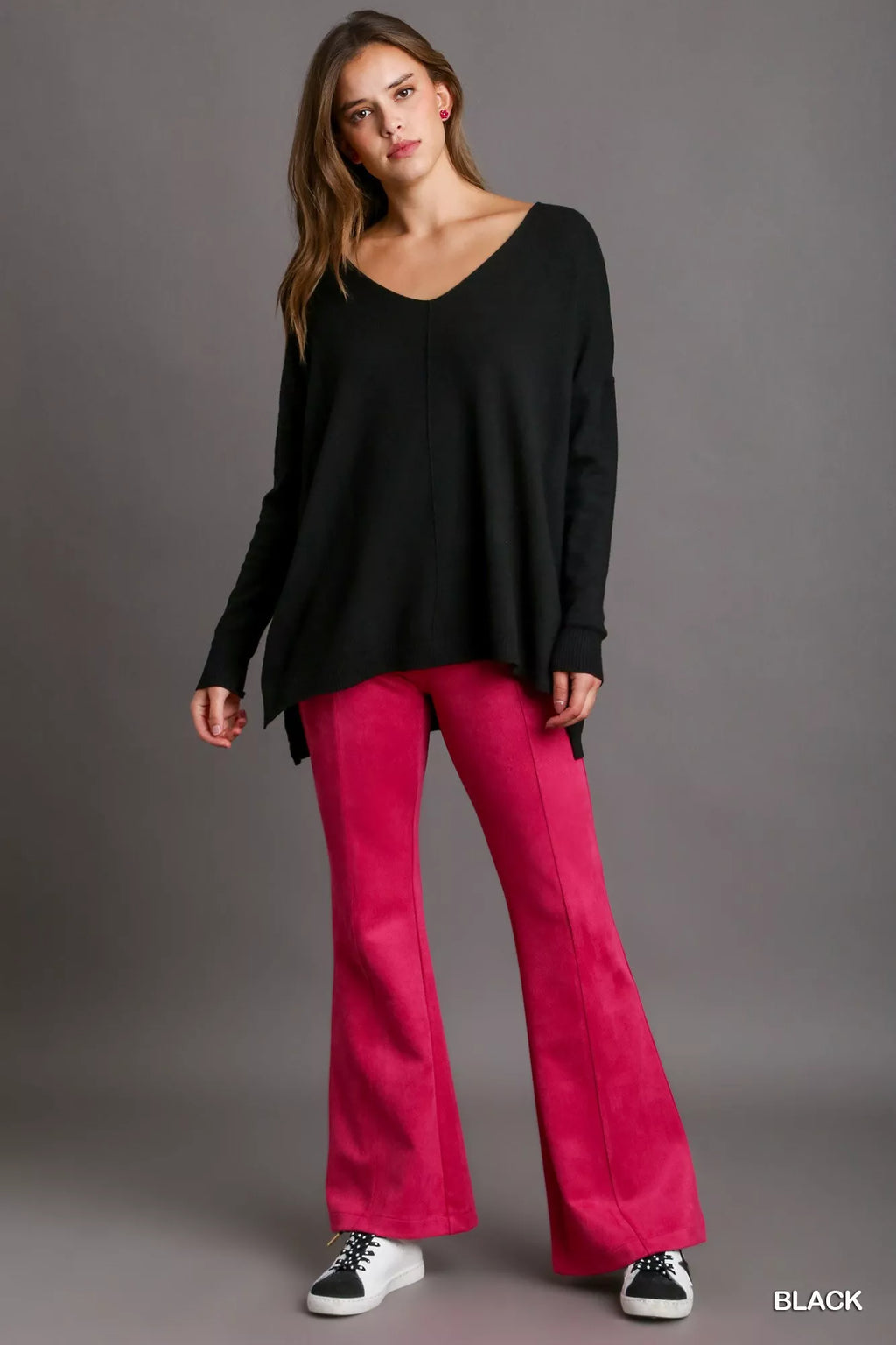 V-Neck High Low Hem Knit Top with Side Slit