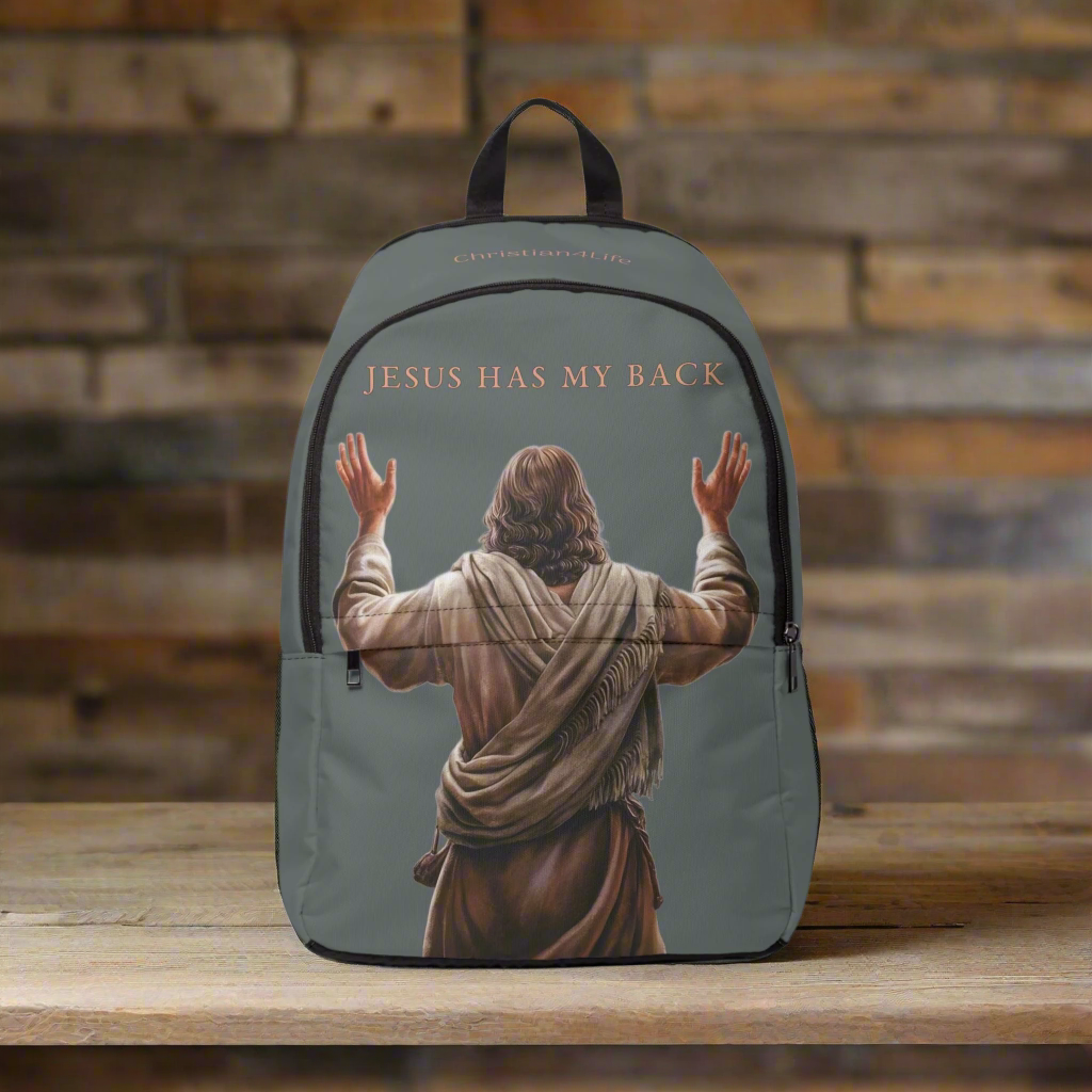 "Jesus Has My Back" Graphic design Christian Backpack (Choose Grey Shade)