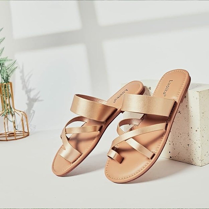 Luoika Womens 7.5W Gold Toe Strap Slide On Flats Sandals Flip Flop Shoes