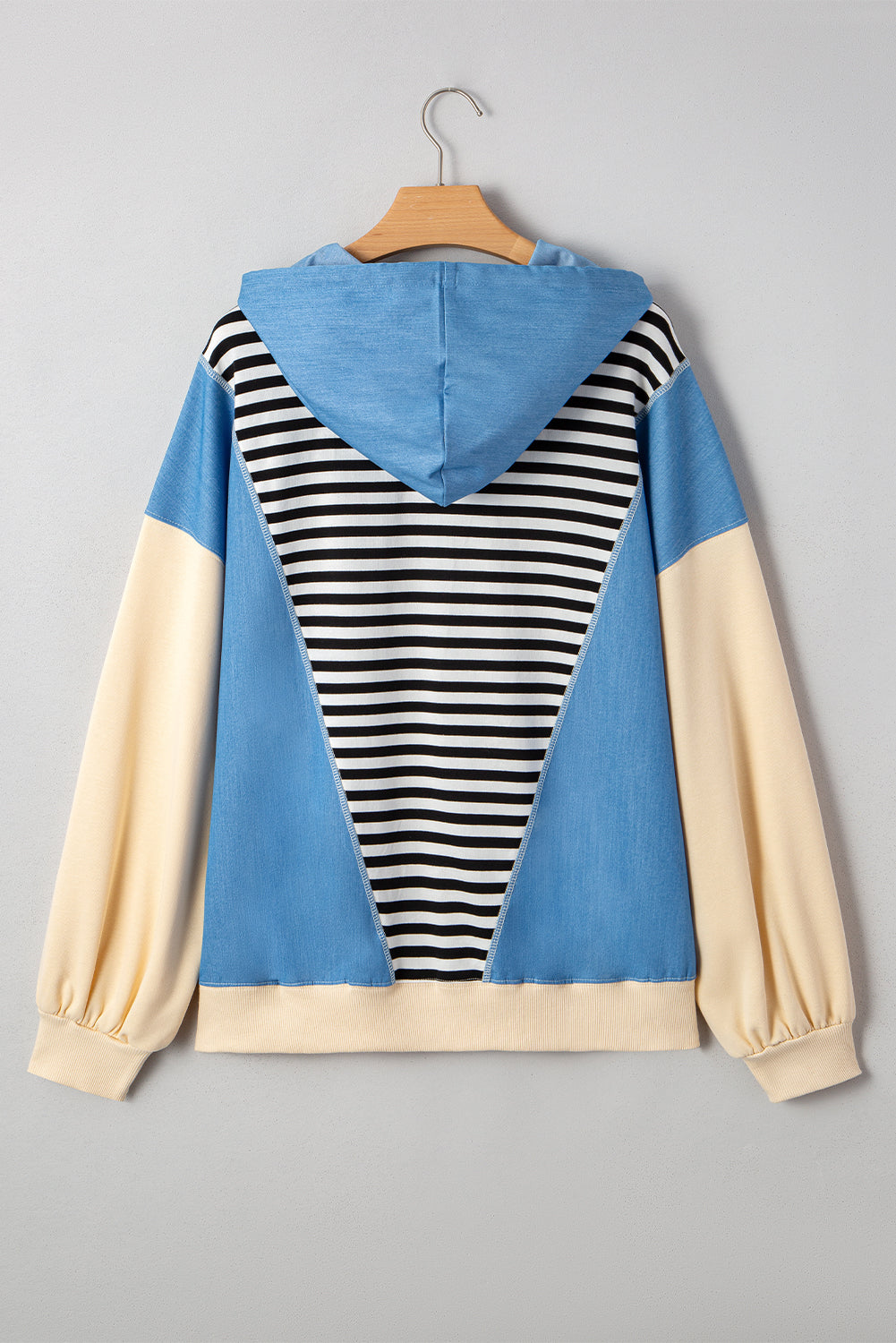 Black Stripe Denim Color Block Quarter Zip Baggy Drawstring Hoodie