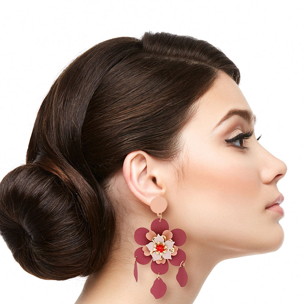Flower Earrings Mauve and Maroon Stylish Statement Jewelry