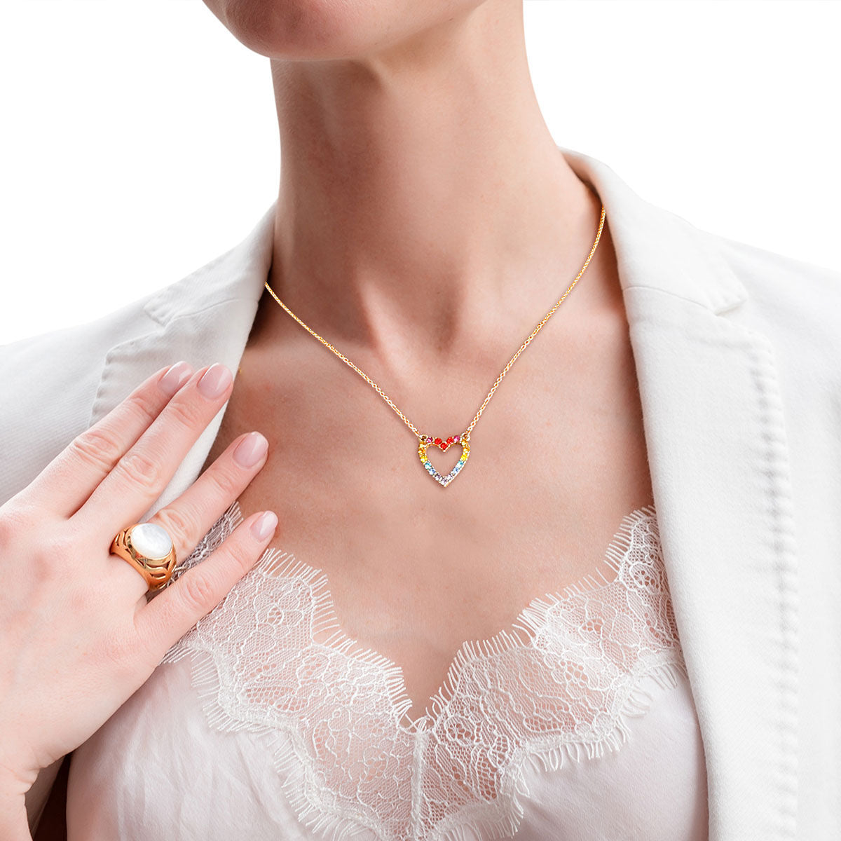 Statement Gold Chain Necklace with Rainbow Heart Pendant, Trendy Fashion Jewelry
