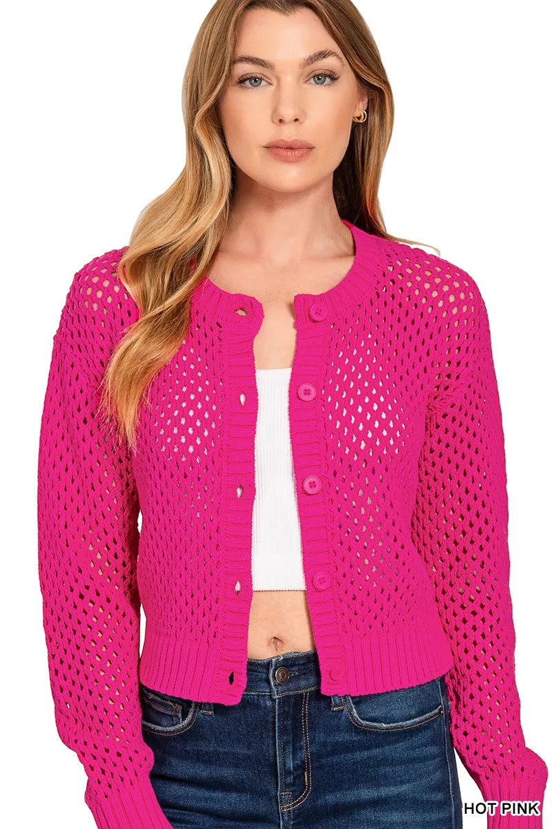 Button Down Lightweight Crochet Cardigan Sweater