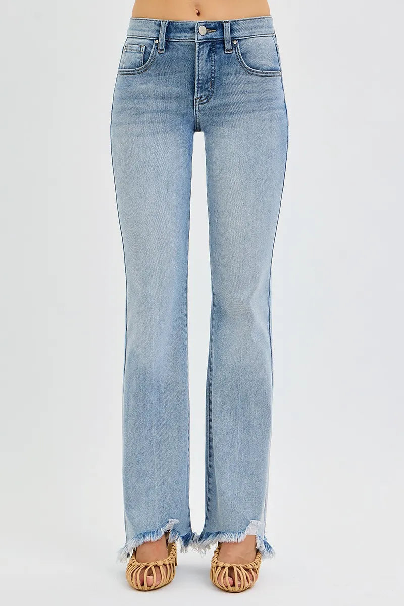 Full Size Tummy Control Mid Rise Flare Jeans with Fray Hem Detailed Plus Size