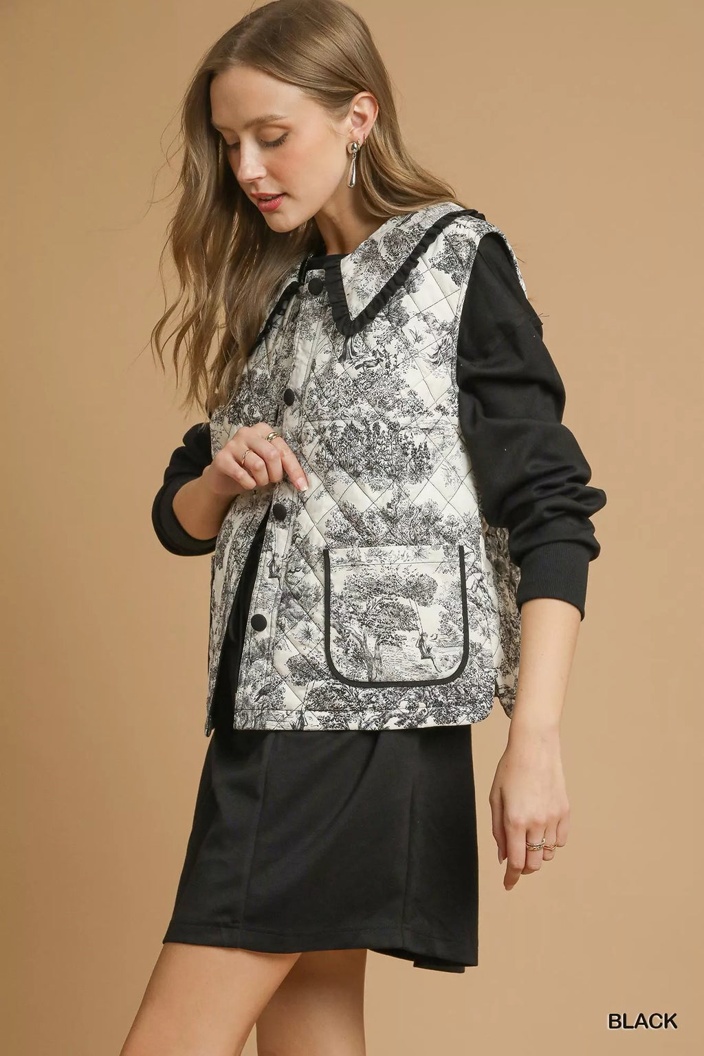 Toile Quilted Vest with Ruffle Collar